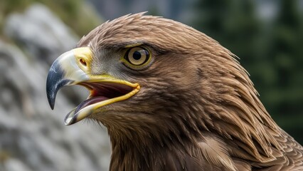 Obraz premium Detailed portrait showcasing the majestic golden eagle with open beak in its natural habitat