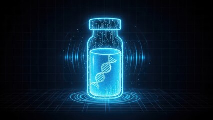 Digital illustration of a vaccine vial, illuminated with glowing lines and circuitry details