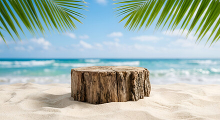 Empty Wooden Product Display Podium on Tropical Beach with Blue Ocean, Sand, and Palm Leaves. Idyllic Summer Background for Mockups.