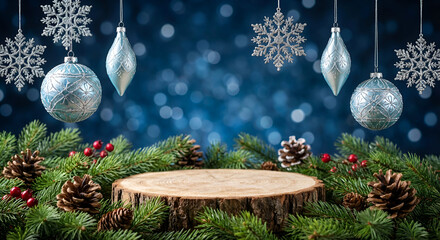 Elegant Christmas Winter Product Display Podium with Fir Branches, Ornaments, and Blue Bokeh Background