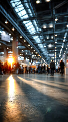 A blurred view of a busy exhibition hall filled with visitors and stands, light shining through the roof and casting shadows on the floor.
