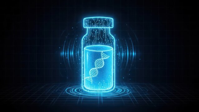 Digital illustration of a vaccine vial, illuminated with glowing lines and circuitry details - Powered by Adobe