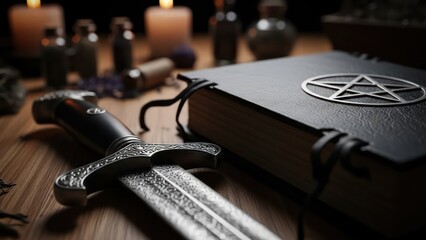 Evocative scene featuring a pentagram grimoire sword and candles for occult ritual