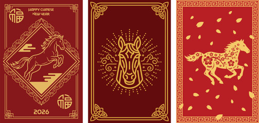 Chinese New Year 2026 Year of the Horse Festive Designs Red and Gold Illustrations with Traditional Symbols for Celebrations and Greetings © Hoody Baba