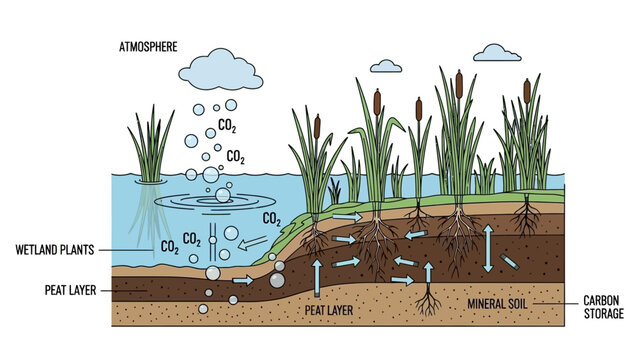 Wetland Ecosystem Diagram with Labeled Components.