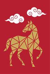 Geometric Horse Design Celebrating Chinese New Year 2026 the Year of the Horse on a Red Background with Clouds for Festive Greetings