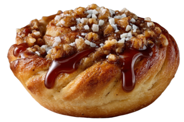 Delicious Cinnamon Roll with Chocolate Drizzle and Nut Topping