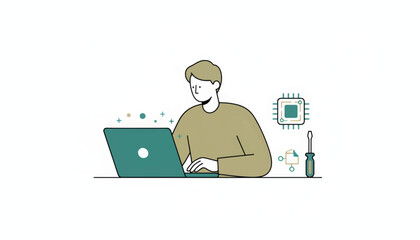 Person fixing laptop and computer hardware. IT support and technical maintenance concept. Minimalist flat design vector illustration