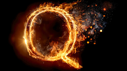 A fiery 'Q' burns bright against the dark void, its edges a dance of flickering flames and scattered sparks. A bold, fiery creation.