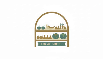 Obraz premium Local goods display shelf with organic produce. Minimalist flat design vector illustration of a farmers market stand. Isolated graphic element for small business branding
