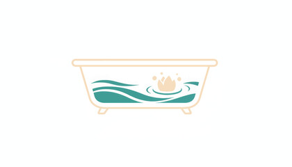 Bathtub with lotus flower and water waves. Minimalist self-care ritual vector illustration. Flat design wellness and spa icon isolated on white background