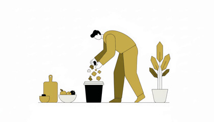 A person composting kitchen scraps at home. Urban eco habits and zero waste lifestyle concept. Minimalist flat design vector illustration