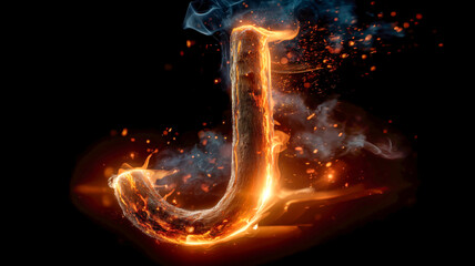 A fiery 'J' engulfed in intense flames, set against a dark void, sparks and smoke billowing around. Bold typography, letter ablaze.