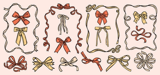 Whimsical bow and ribbon illustration collection in hand-drawn ink sketch style. Cute decorative bows and flowing ribbons for romantic, vintage, and aesthetic design projects.