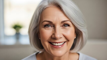 Portrait of elegant senior woman with silver hair radiating genuine happiness