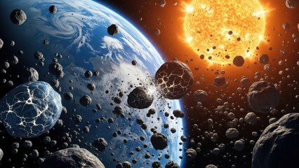 Spectacular depiction of an asteroid field approaching Earth with a radiant sun in the background