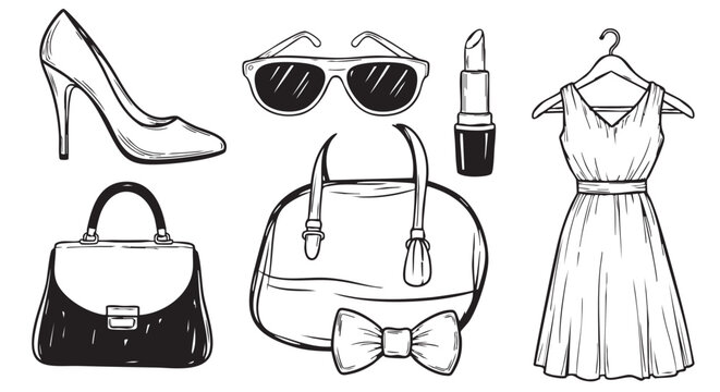 Fashion accessories sketch with high heel shoe sunglasses and handbags