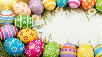 Vibrant assortment of easter eggs amidst spring foliage and daisies on white background