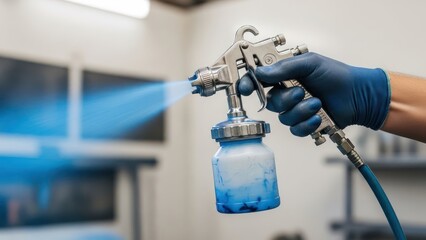 Using a spray gun with protective gloves for painting or coating materials precisely
