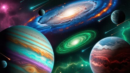 Vibrant cosmic vista of galactic bodies, showcasing swirling nebulas, vibrant planets, and meteor