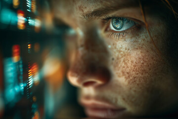 Intense gaze reflects a world of colors and light through focused lens