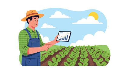 Modern vector illustration of farmer using tablet to inspect crops, smart agriculture and digital farming technology concept
