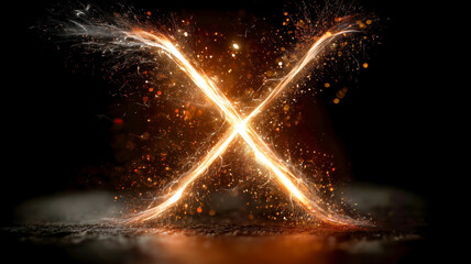 Dynamic intersection of two light beams forming an 'X' shape against a dark backdrop, radiating energy and creating a vibrant, eye-catching display.