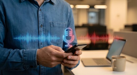 Man Using Phone With Voice Recognition, Microphone Sound Waves and Digital Assistant