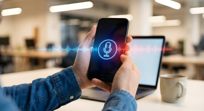 Hands Holding Smartphone with Microphone Icon Displayed and Laptop on Desk