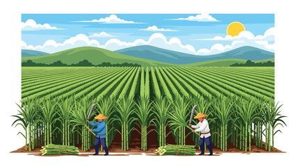Modern vector illustration of sugarcane plantation with workers harvesting, plantation agriculture and rural economy concept