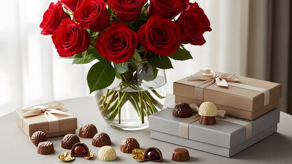 Valentine&rsquo;s Day floral and gift arrangement with romantic roses, ribboned boxes, and cozy ambiance