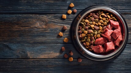 A bowl sits on a wooden table filled with dry dog food and chunks of raw meat. Some kibble is scattered around the bowl. Natural light comes into the scene.