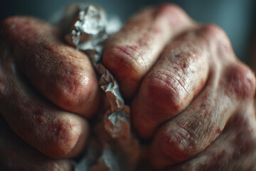 Closeup of person hands, anxiety and mental health problem, therapy and psychology with trauma. Fear, crisis and stress with depression, mistake and disaster with panic, abuse or addiction with pain