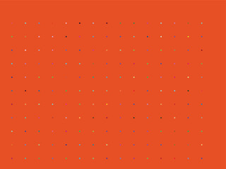 Colorful scattered polka dots pattern on vibrant orange background