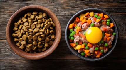 Obraz na płótnie Canvas Two bowls sit on a wooden table. One bowl holds dry pet food while the other contains wet food with vegetables and an egg yolk showing options for pet meals.
