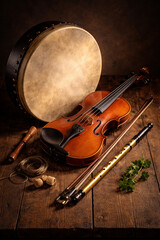 Fototapeta premium Traditional Irish musical instruments in rustic still life composition