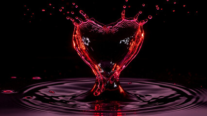 Turbulent heart-shaped water splash in fiery red and passionate pink, rising from velvety black. Perfect for Valentine's Day, anniversary cards, luxury cosmetic ads, romantic campaigns,