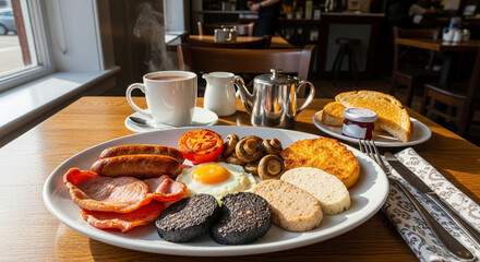 Traditional Irish breakfast served with hot tea