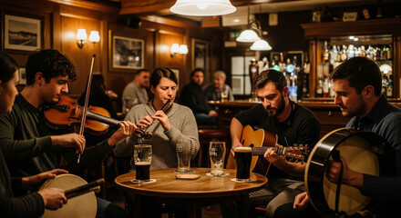 Traditional Irish music session in pub with fiddle and flute