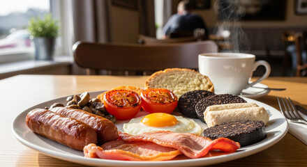Traditional Irish breakfast served with hot tea