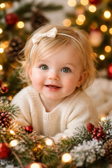 Smiling baby in cozy Christmas decoration with lights and wreath