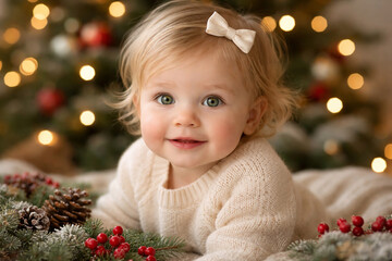Smiling baby in cozy Christmas decoration with lights and wreath