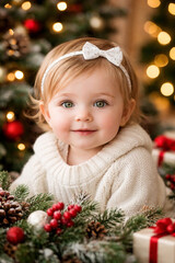 Smiling baby in cozy Christmas decoration with lights and wreath