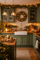 Cozy Christmas kitchen decorated with lights, candles and warm drinks