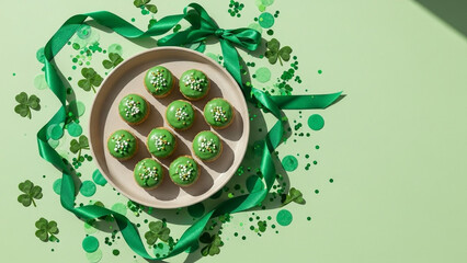 Green desserts and shamrocks flat lay for St Patrick&rsquo;s Day celebration