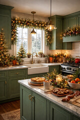 Cozy Christmas kitchen decorated with lights, candles and warm drinks