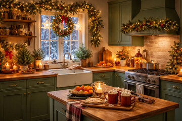 Cozy Christmas kitchen decorated with lights, candles and warm drinks
