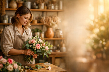 Florist arranging a handmade bouquet in a cozy studio with natural light