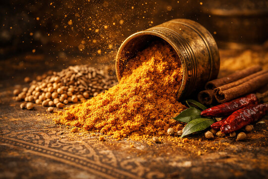 Especiarias mo&iacute;das em composi&ccedil;&atilde;o r&uacute;stica com especiarias inteiras e atmosfera quente