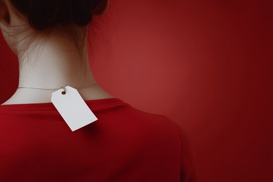 Concept photo of an anonymous person seen from behind wearing a blank hanging tag, symbolizing labeling, identity.
